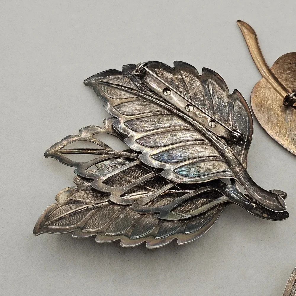Vintage Leaf Brooch Pin Lot Statement Enamel Faux Pearl‎ Gold Silver Tone Nature